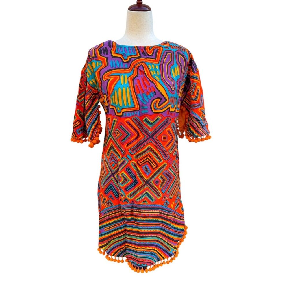 1960's Mod Mini Dress Op Art Metal Zipper Pom-pom Trim Linen by MALBE